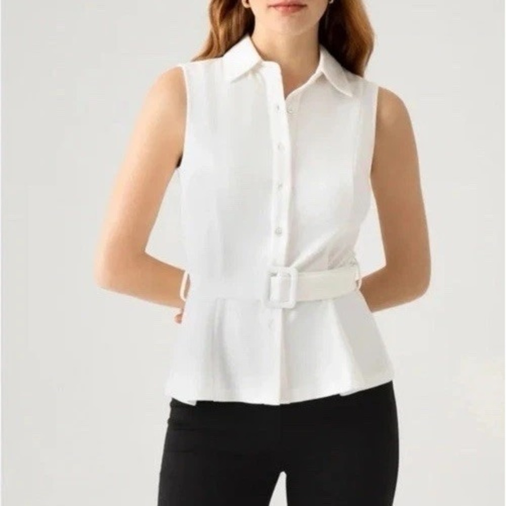 OGL White Sleeveless Belted Button Down Shirt Blouse Collared Minimalist Chic S